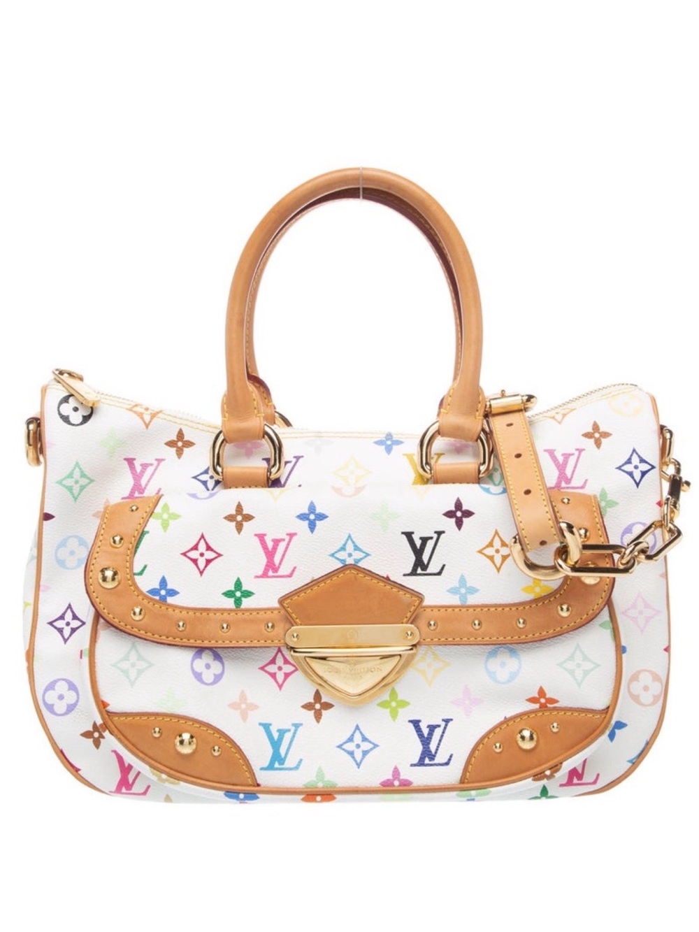 Louis Vuitton White Multicolor Monogram Satchel with Tan Trim